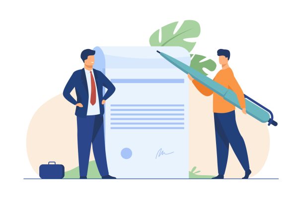 Business partners signing document. Tiny characters with pen, paper with signature and seal flat vector illustration. Paperwork, cooperation concept for banner, website design or landing web page